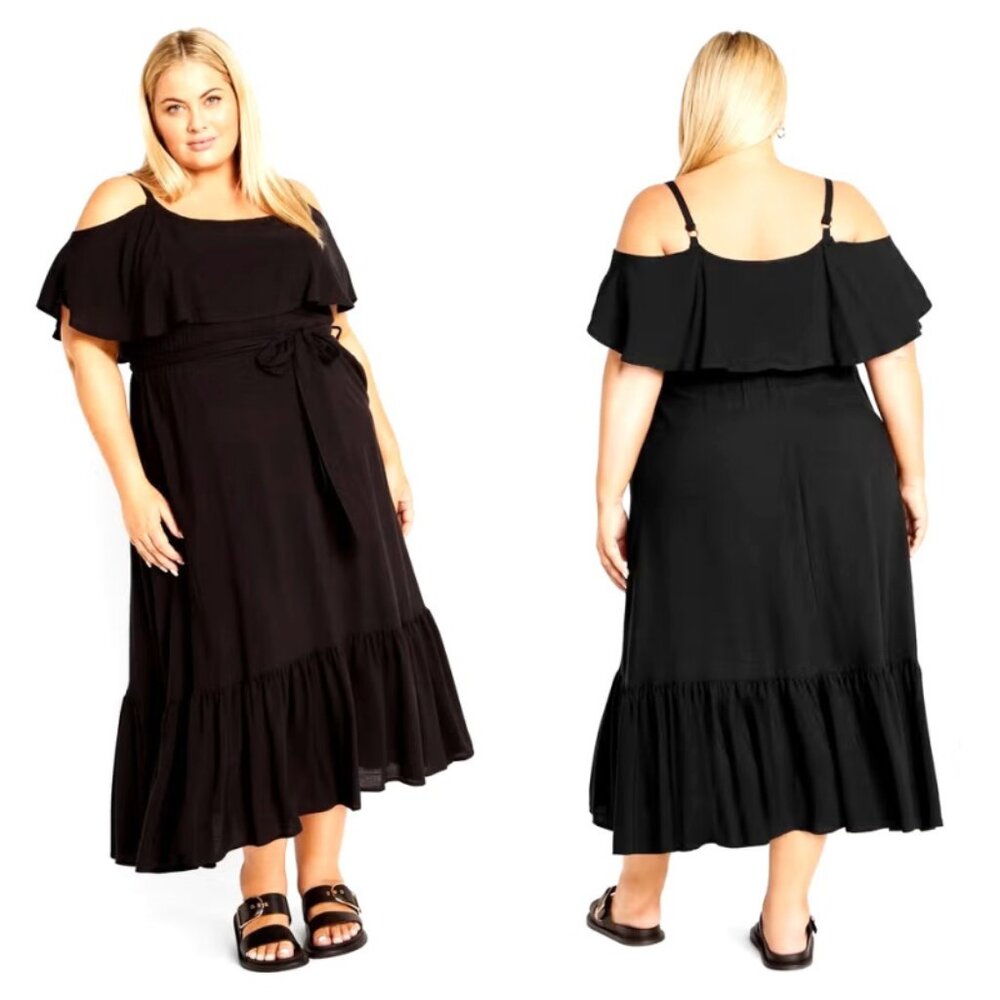 NWT Avenue Black Cold Shoulder Overlay Tie Waist Midi Dress 20